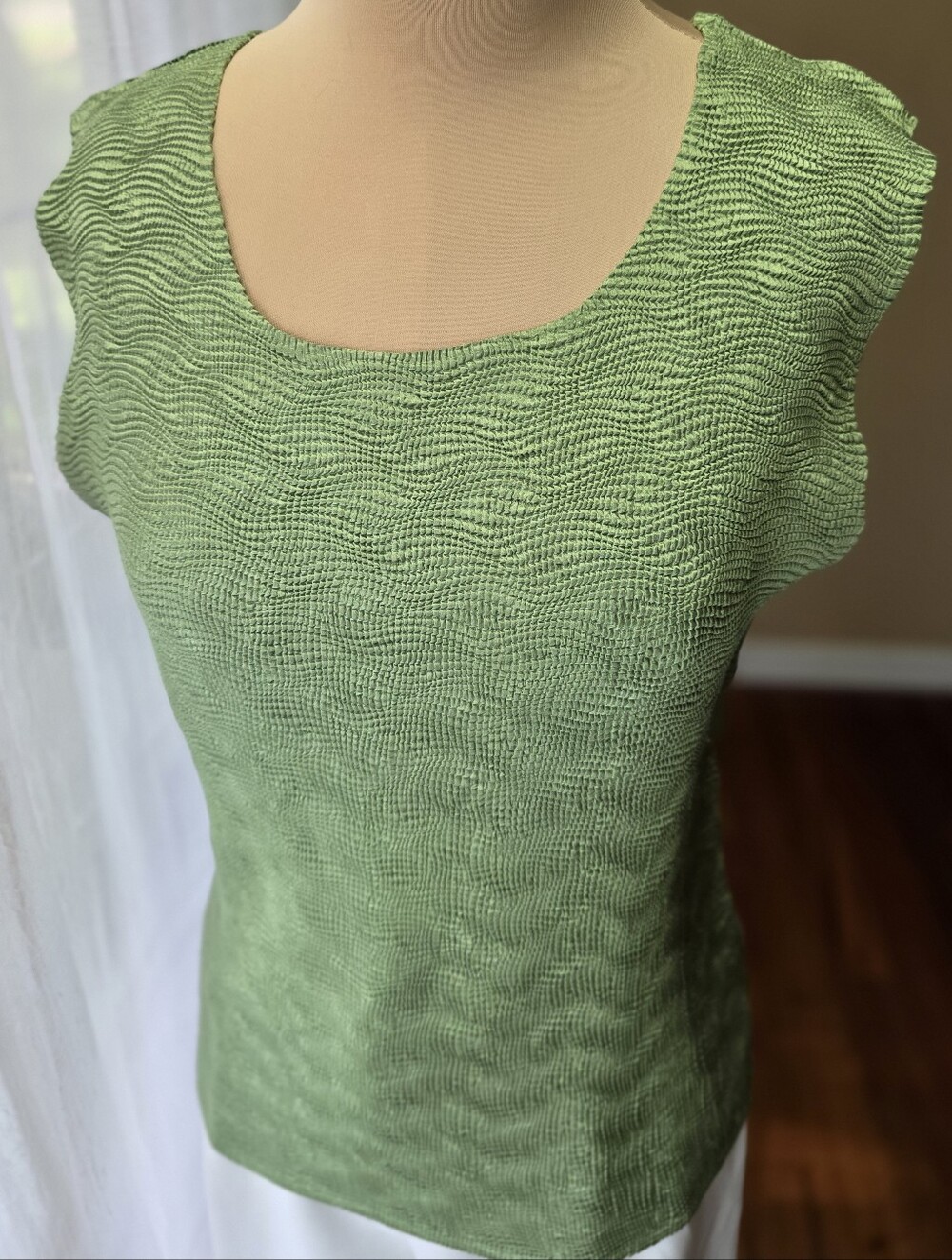 Vintage Green Crinkle Textured Stretch Tank Top XL Sleeveless Y2K Artful Boho